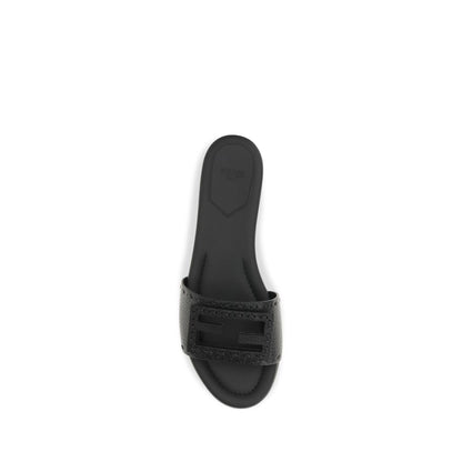 Fendi Black Calf Leather Baguette Flat Sandals