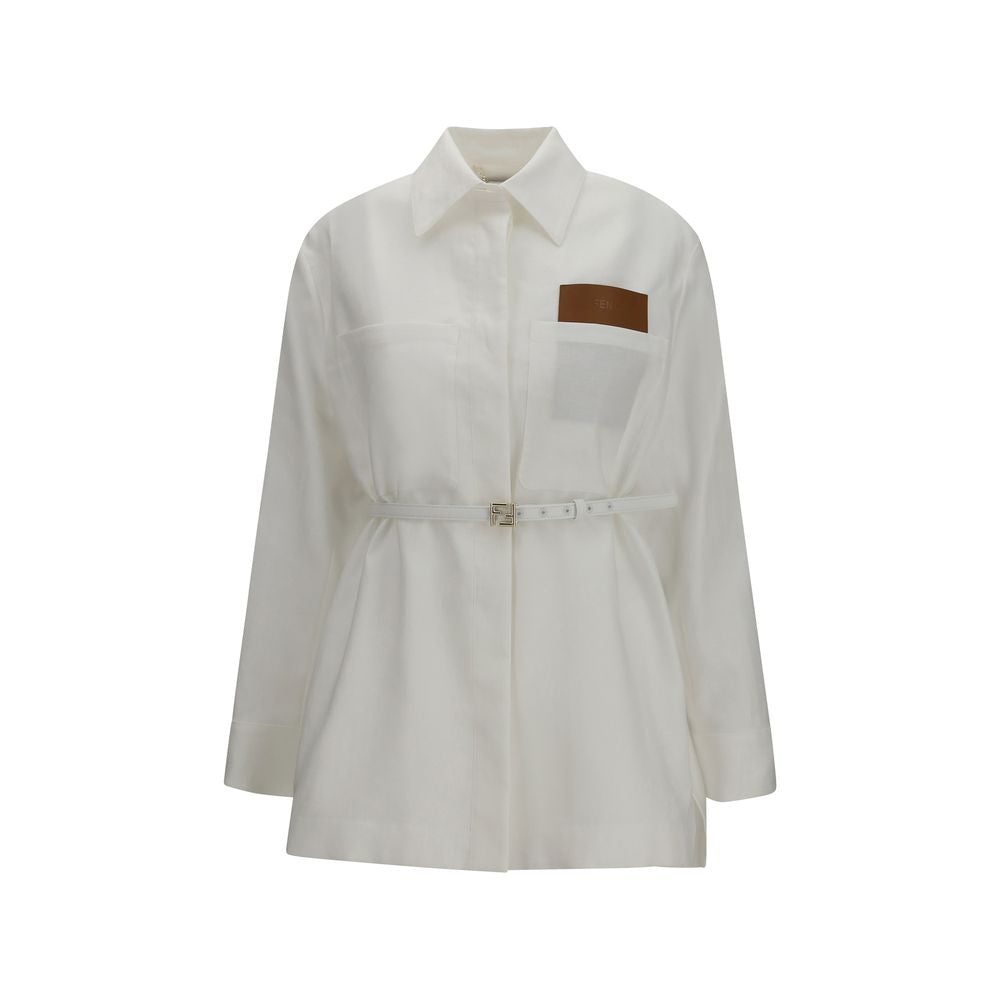 Fendi White Linen Cotton Blend Belted Jacket