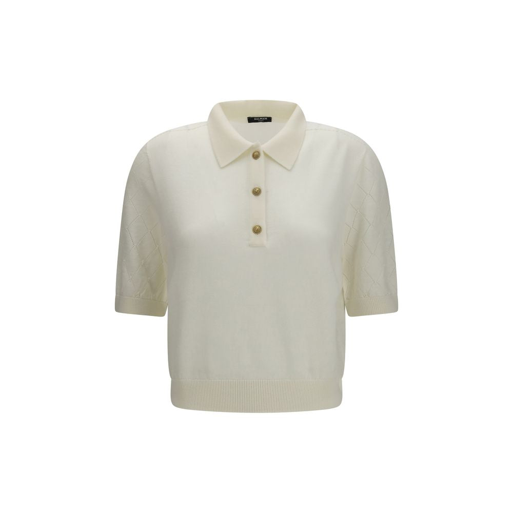 Balmain White Wool Polo Short Sleeve Top