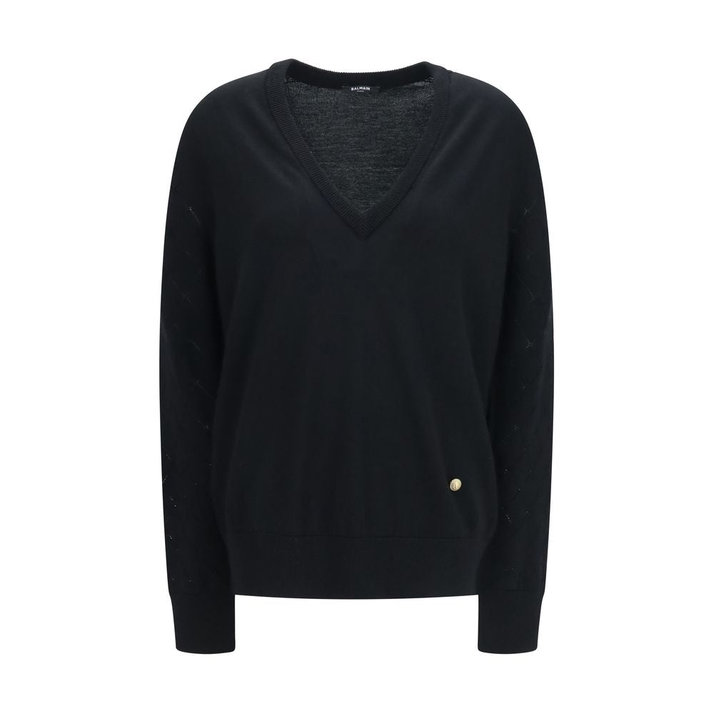 Balmain Black Wool V-Neck Sweater