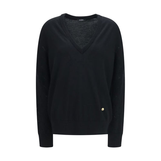 Balmain Black Wool V-Neck Sweater