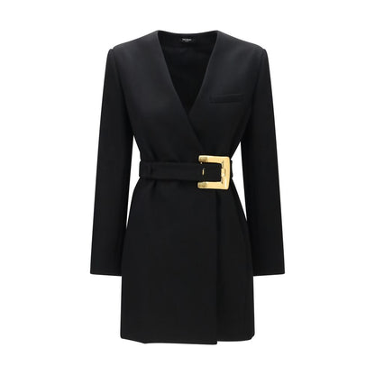 Balmain Black Wool Gold Buckle Belted Blazer