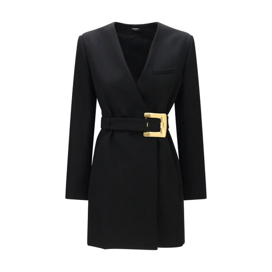 Balmain Black Wool Gold Buckle Belted Blazer