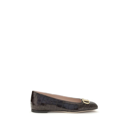 Valentino Garavani Brown Calf Leather VLogo Signature Croc-Effect Ballerinas