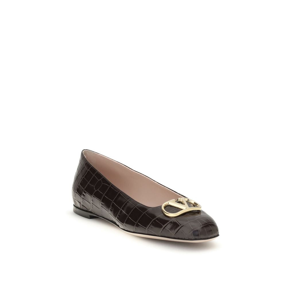 Valentino Garavani Brown Calf Leather VLogo Signature Croc-Effect Ballerinas