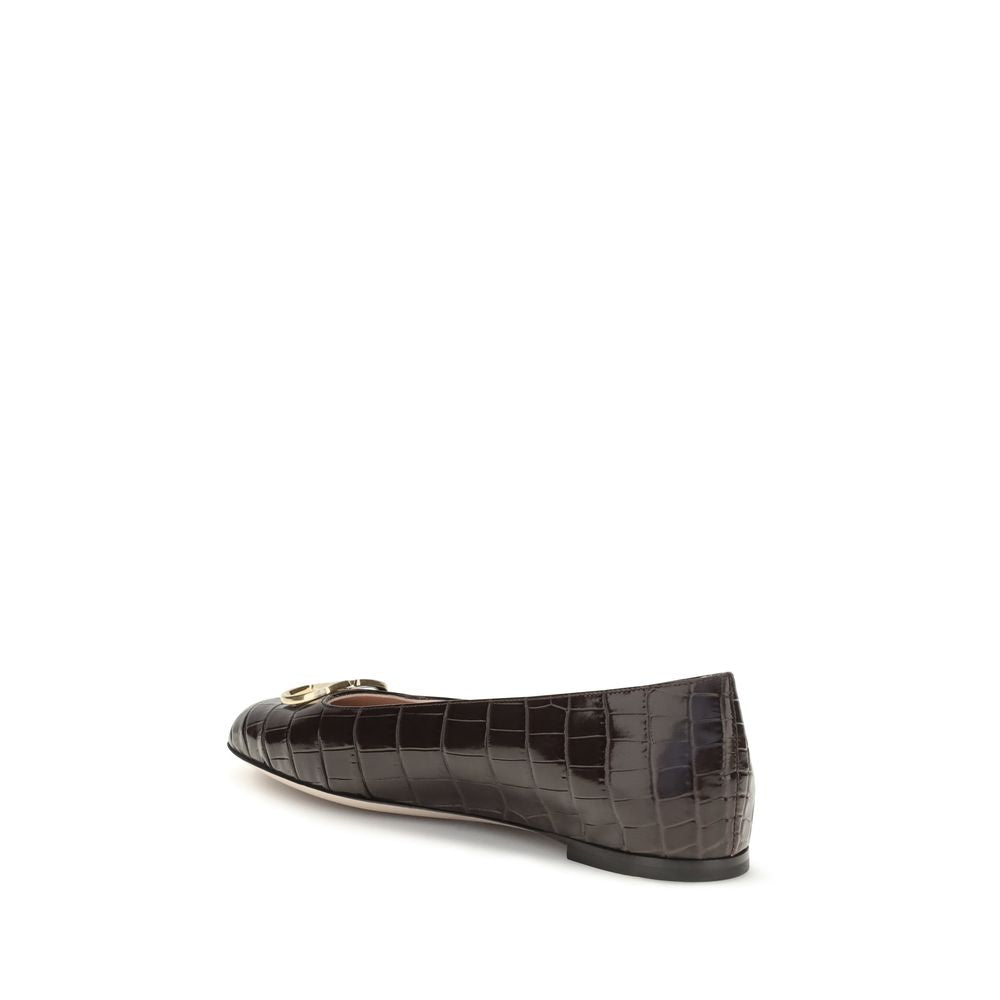 Valentino Garavani Brown Calf Leather VLogo Signature Croc-Effect Ballerinas