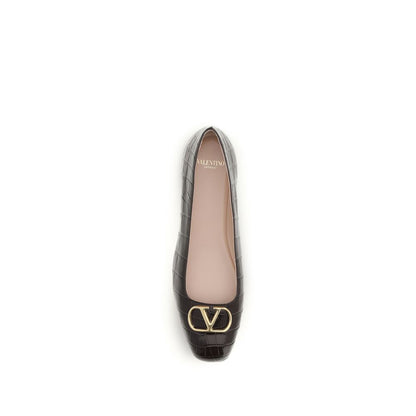 Valentino Garavani Brown Calf Leather VLogo Signature Croc-Effect Ballerinas
