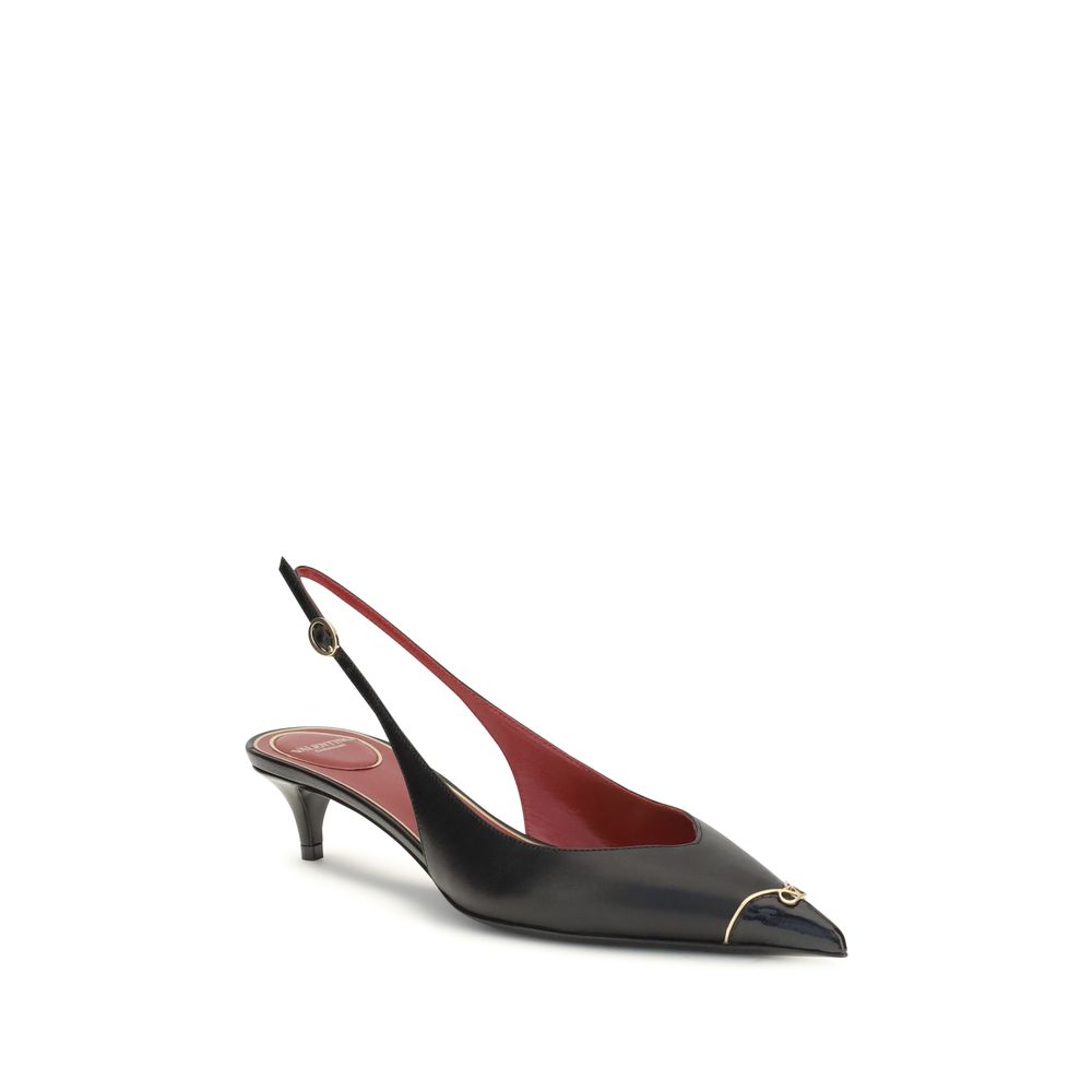 Valentino Garavani Black Calf Leather VLogo Signature Kitten-Heel Slingback Pumps