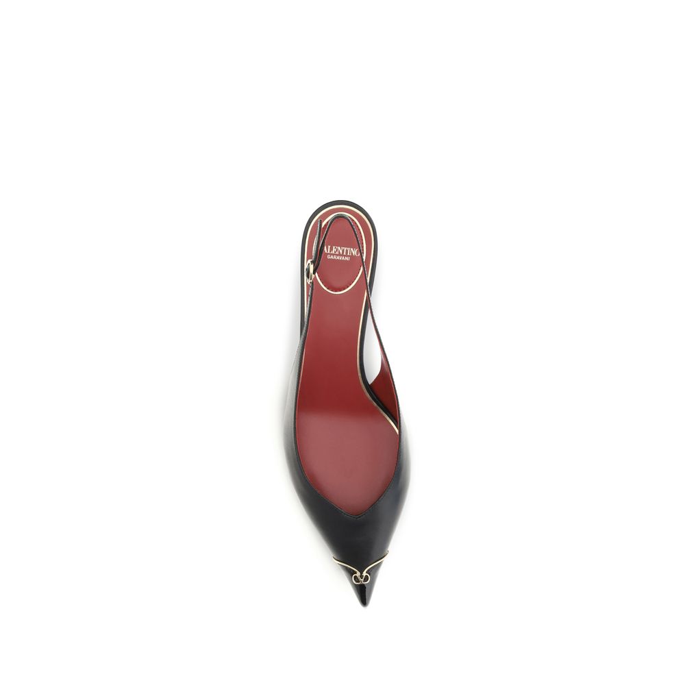 Valentino Garavani Black Calf Leather VLogo Signature Kitten-Heel Slingback Pumps