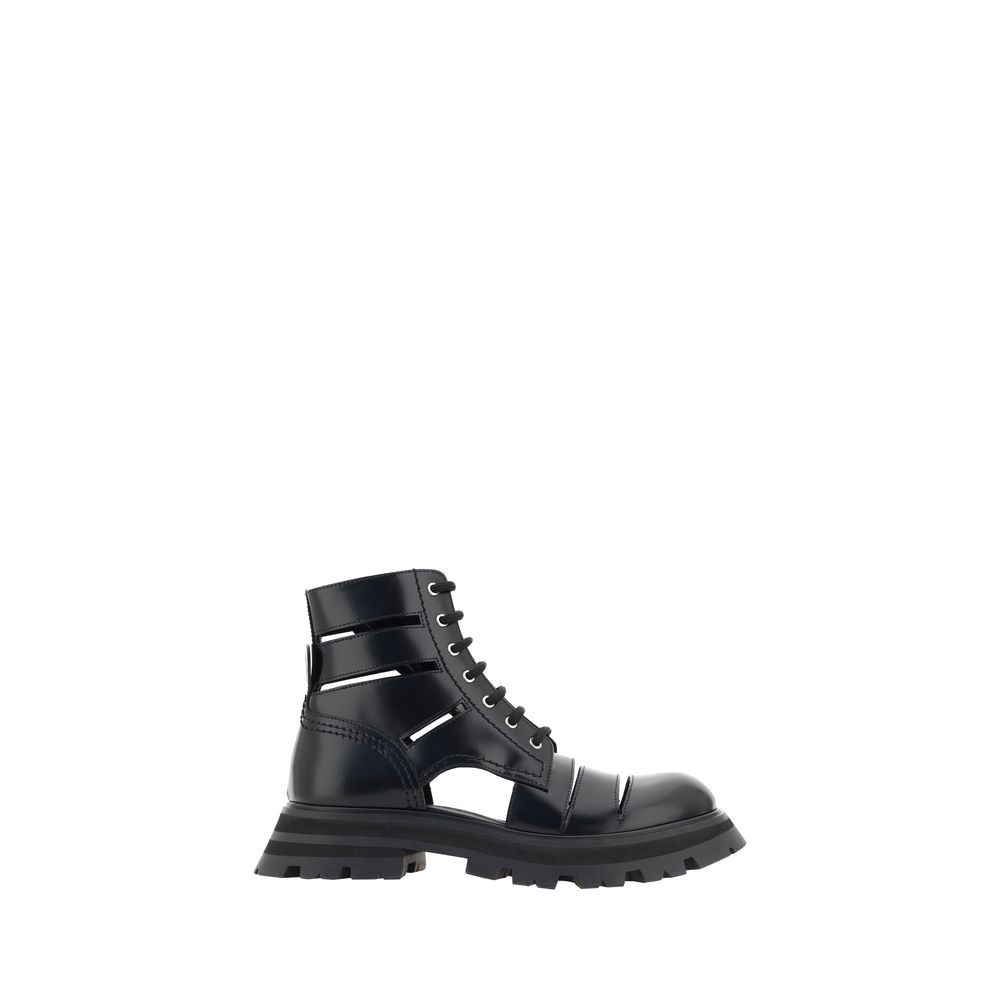 Alexander McQueen Black Calf Leather Wander Combat Lace-Up Boots