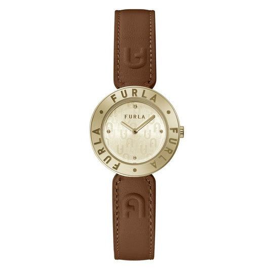 Furla Dress Women's Watch – Brown Leather Strap, Gold Dial, 30mm