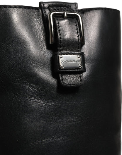 Dolce & Gabbana Black Leather Buckle Detail Mid Calf Boots