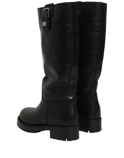 Dolce & Gabbana Black Leather Buckle Detail Mid Calf Boots