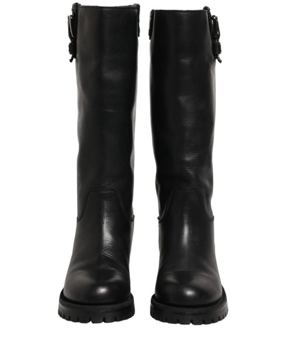 Dolce & Gabbana Black Leather Buckle Detail Mid Calf Boots