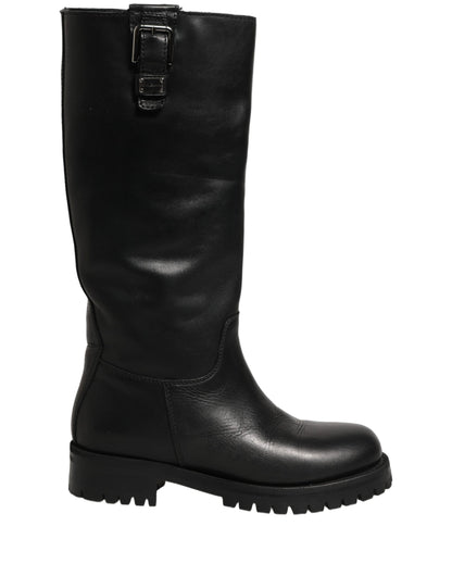 Dolce & Gabbana Black Leather Buckle Detail Mid Calf Boots