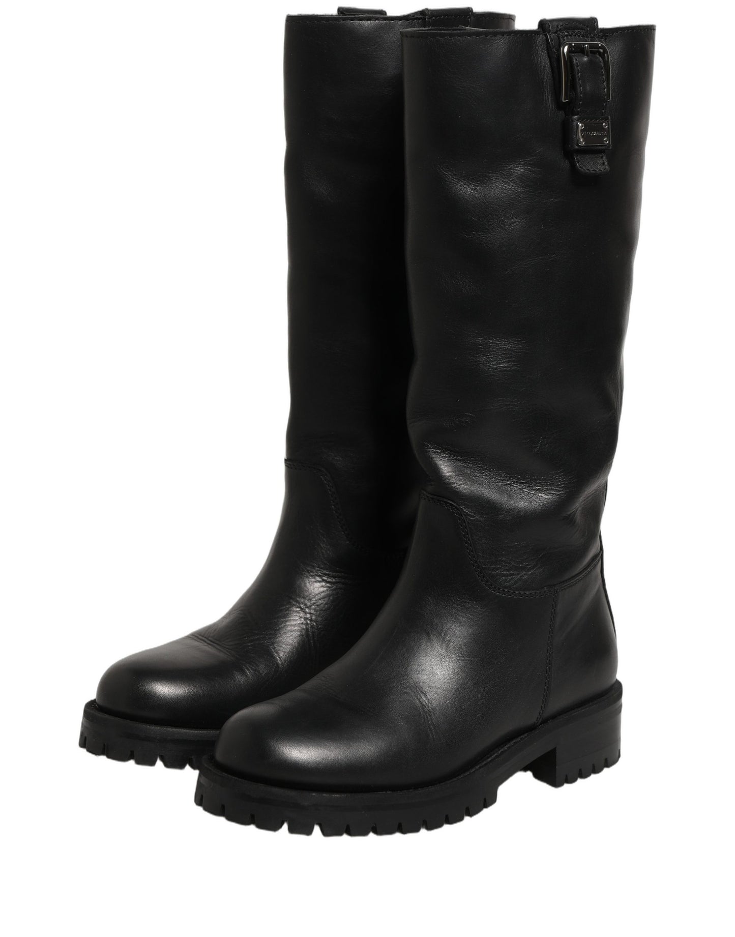 Dolce & Gabbana Black Leather Buckle Detail Mid Calf Boots
