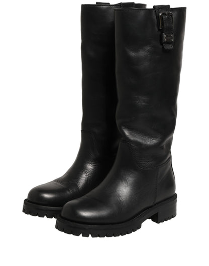 Dolce & Gabbana Black Leather Buckle Detail Mid Calf Boots