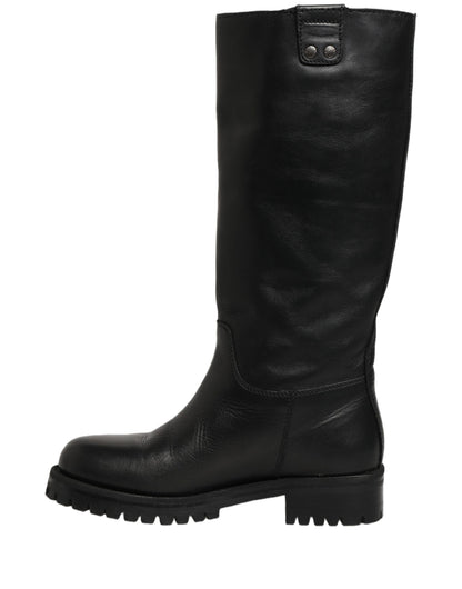 Dolce & Gabbana Black Leather Buckle Detail Mid Calf Boots
