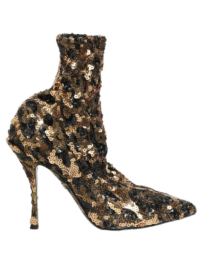 Dolce & Gabbana Gold Leopard Sequin Sock Ankle Boots