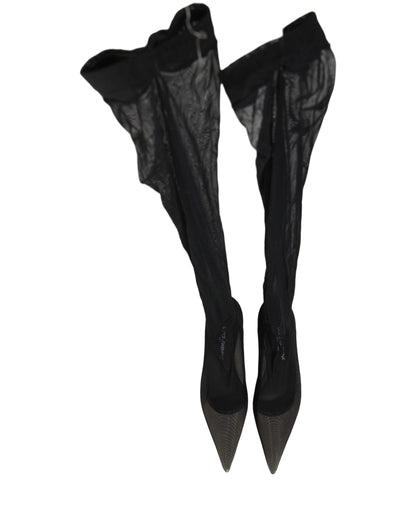 Dolce & Gabbana Black Over The Knee Tulle Flats Boots