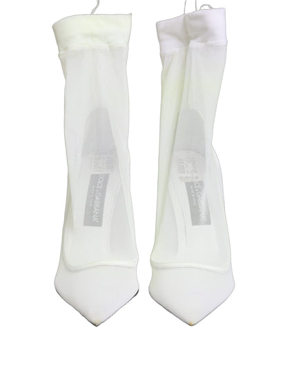 Dolce & Gabbana White Tulle Stretch Mesh Sock Boots Shoes