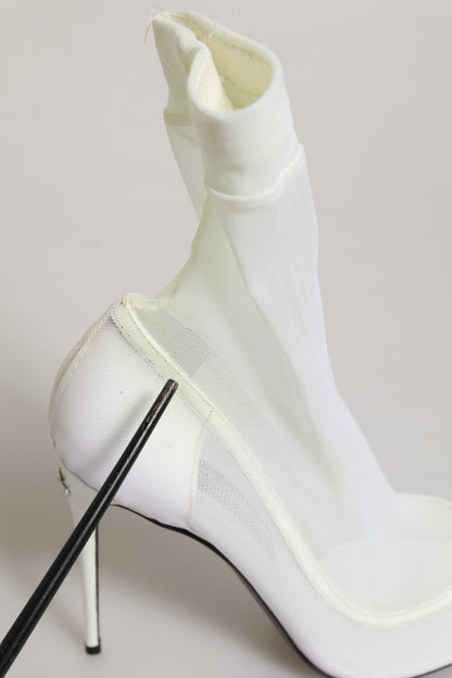Dolce & Gabbana White Tulle Stretch Mesh Sock Boots Shoes