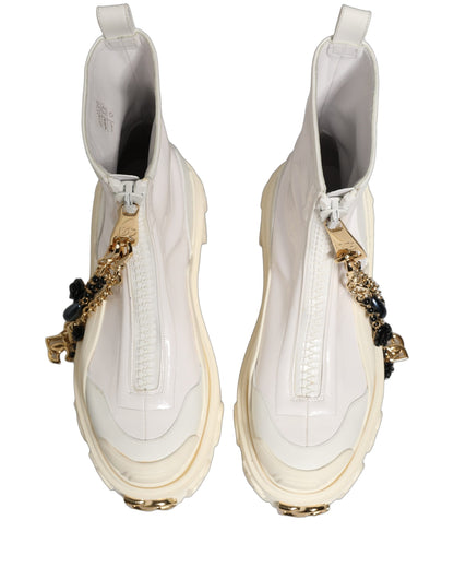 Dolce & Gabbana White Leather Rubber Logo Ankle Boots