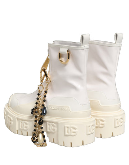 Dolce & Gabbana White Leather Rubber Logo Ankle Boots
