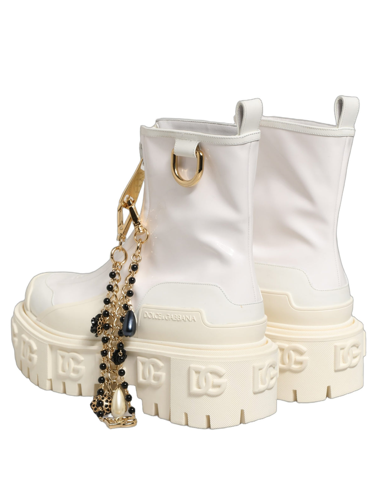 Dolce & Gabbana White Leather Rubber Logo Ankle Boots