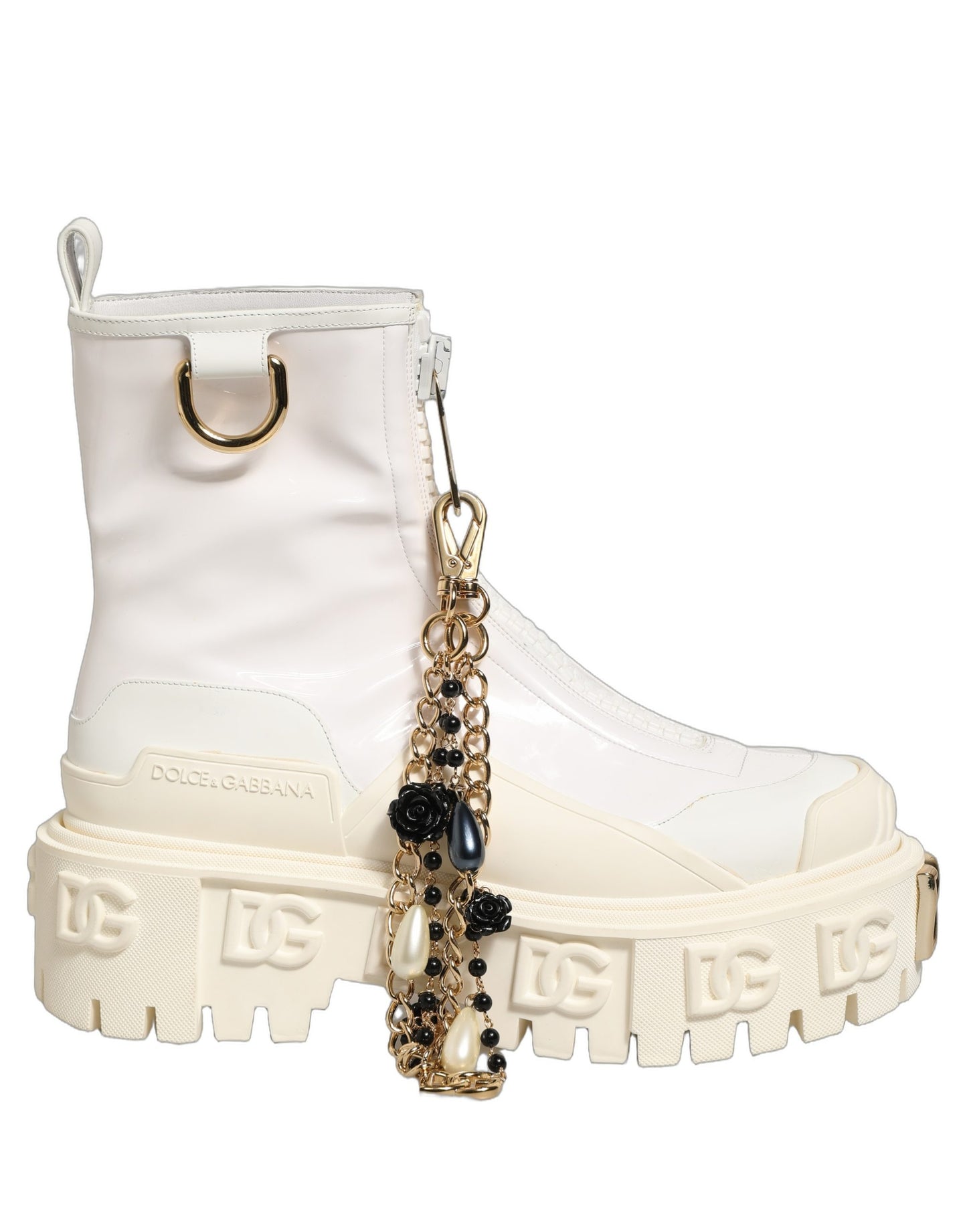 Dolce & Gabbana White Leather Rubber Logo Ankle Boots