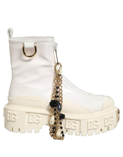 Dolce & Gabbana White Leather Rubber Logo Ankle Boots