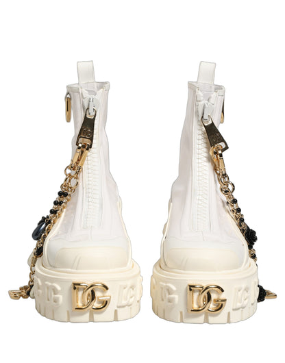 Dolce & Gabbana White Leather Rubber Logo Ankle Boots