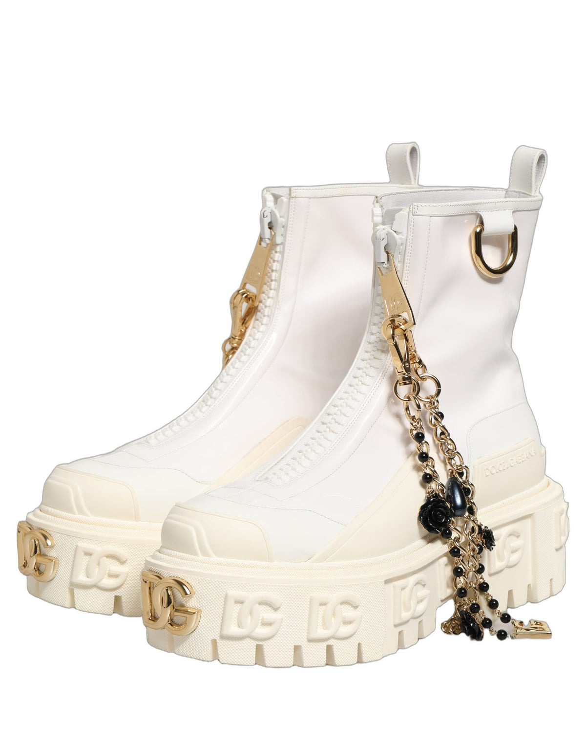 Dolce & Gabbana White Leather Rubber Logo Ankle Boots