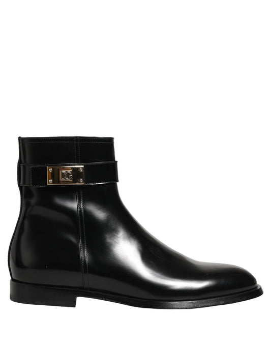 Dolce & Gabbana Black Leather Logo Buckle Mid Calf Boots