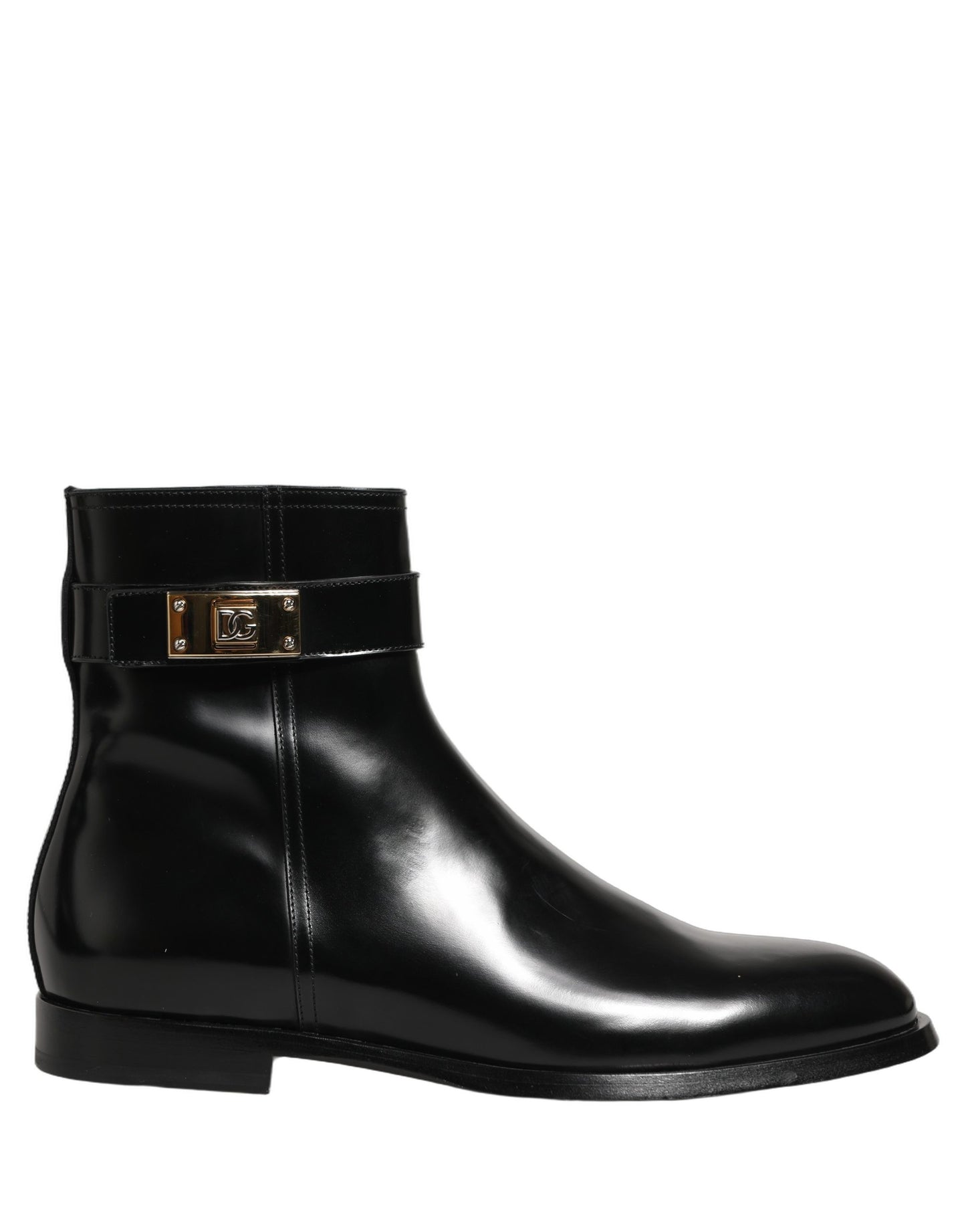 Dolce & Gabbana Black Leather Logo Buckle Mid Calf Boots