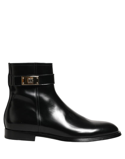 Dolce & Gabbana Black Leather Logo Buckle Mid Calf Boots