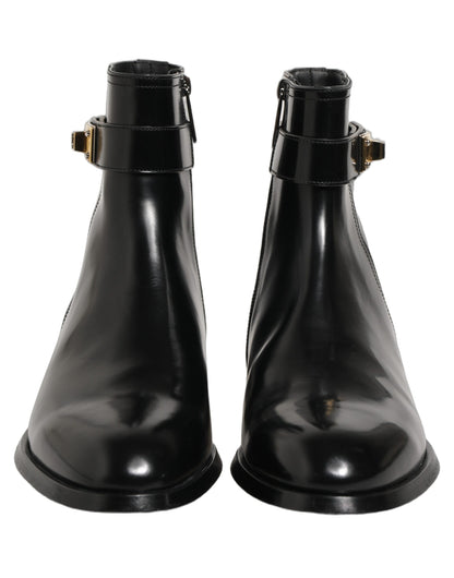 Dolce & Gabbana Black Leather Logo Buckle Mid Calf Boots
