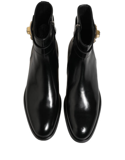 Dolce & Gabbana Black Leather Logo Buckle Mid Calf Boots
