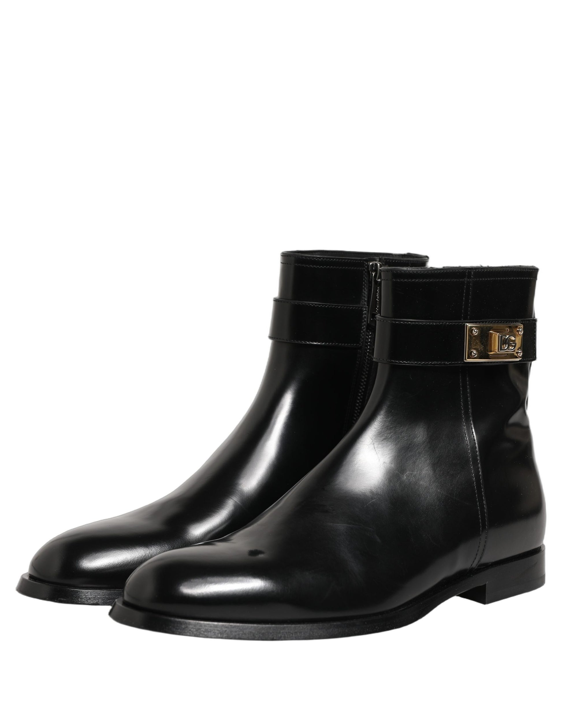 Dolce & Gabbana Black Leather Logo Buckle Mid Calf Boots
