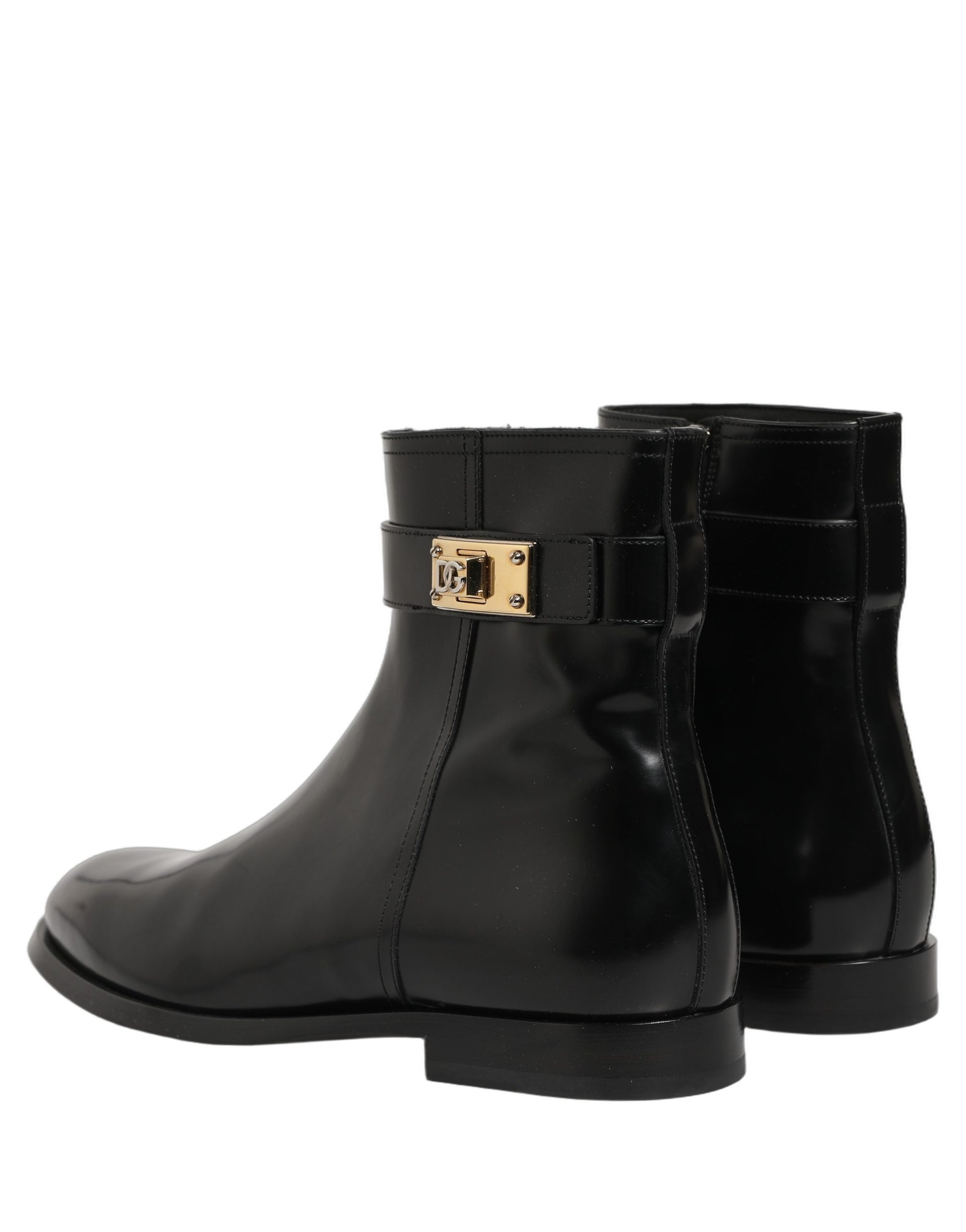 Dolce & Gabbana Black Leather Logo Buckle Mid Calf Boots