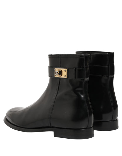 Dolce & Gabbana Black Leather Logo Buckle Mid Calf Boots