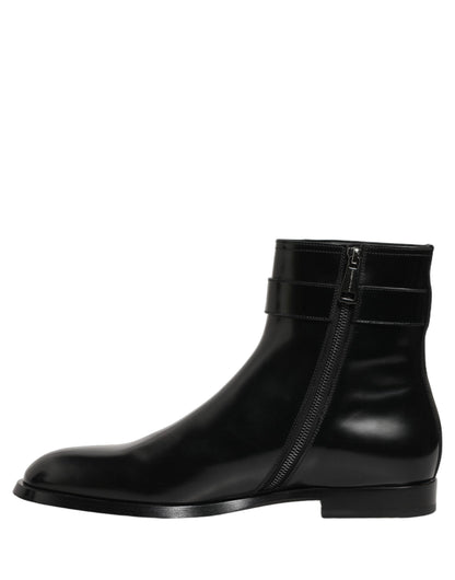 Dolce & Gabbana Black Leather Logo Buckle Mid Calf Boots