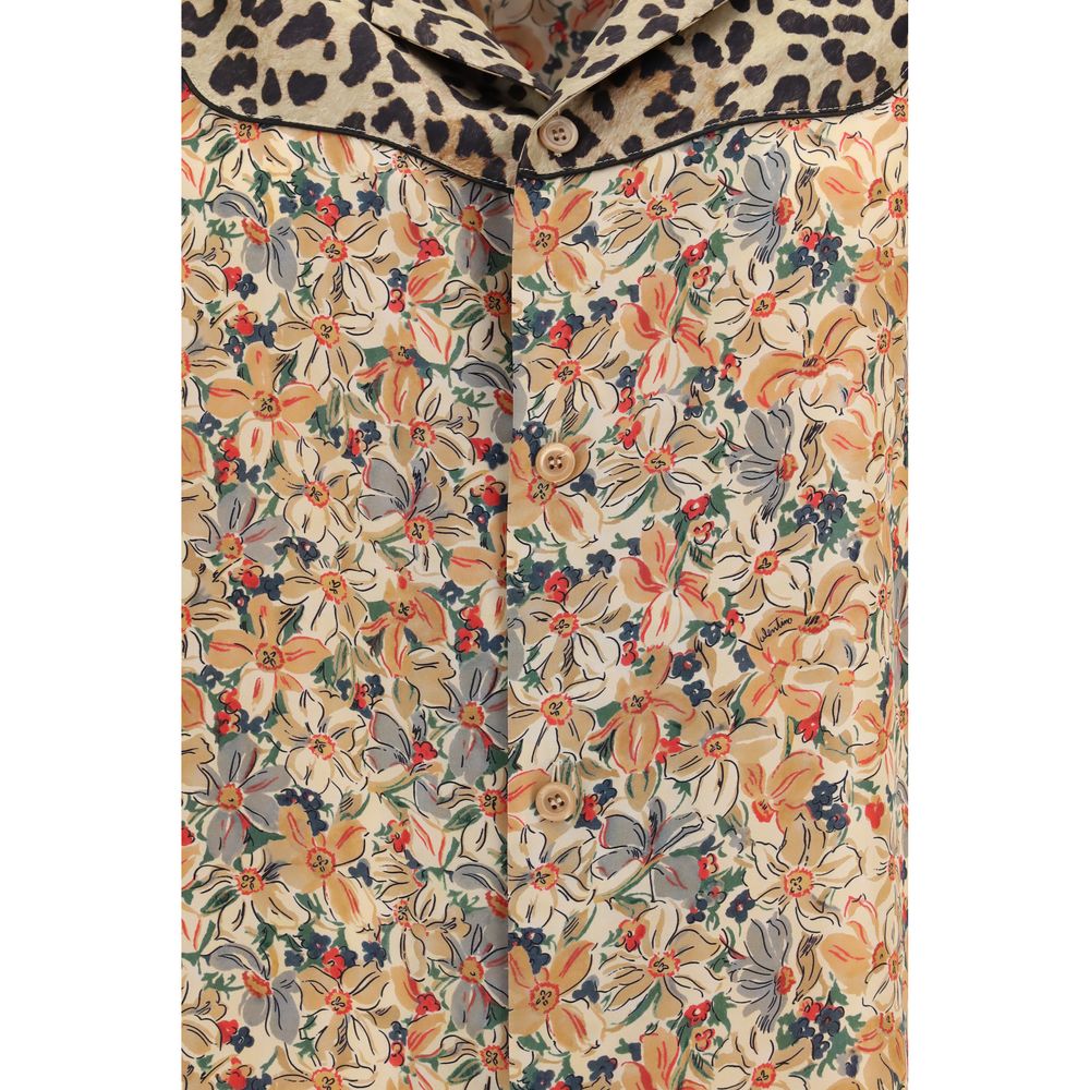 Valentino Floral & Leopard Pattern Silk Bowling Shirt