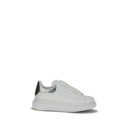 Alexander McQueen White Oversized Leather Low Sneakers with Silver Croc Effect Heel Detail