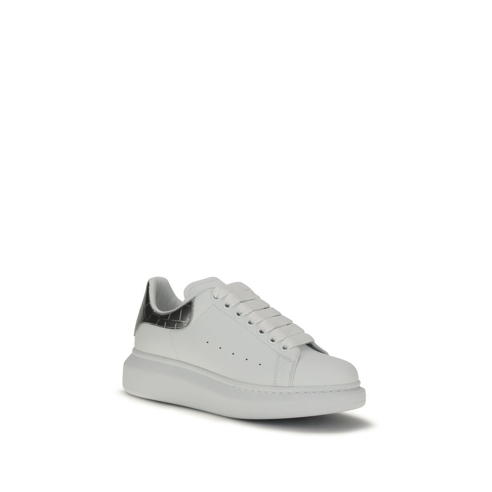 Alexander McQueen White Oversized Leather Low Sneakers with Silver Croc Effect Heel Detail