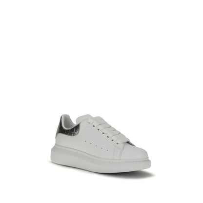 Alexander McQueen White Oversized Leather Low Sneakers with Silver Croc Effect Heel Detail