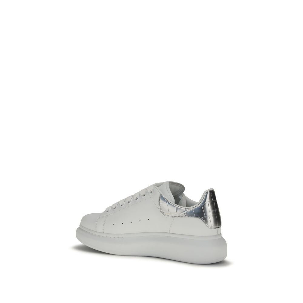 Alexander McQueen White Oversized Leather Low Sneakers with Silver Croc Effect Heel Detail