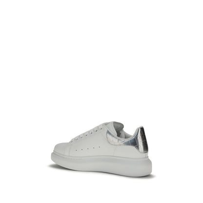 Alexander McQueen White Oversized Leather Low Sneakers with Silver Croc Effect Heel Detail