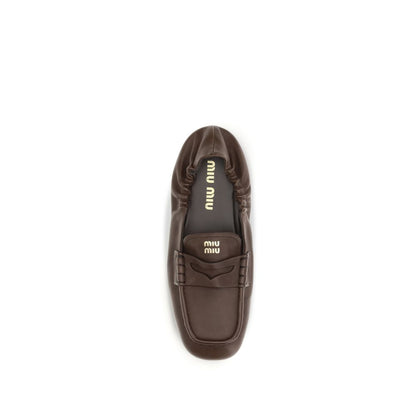 Miu Miu Brown Lamb Nappa Leather Ruches Slip-On Loafers