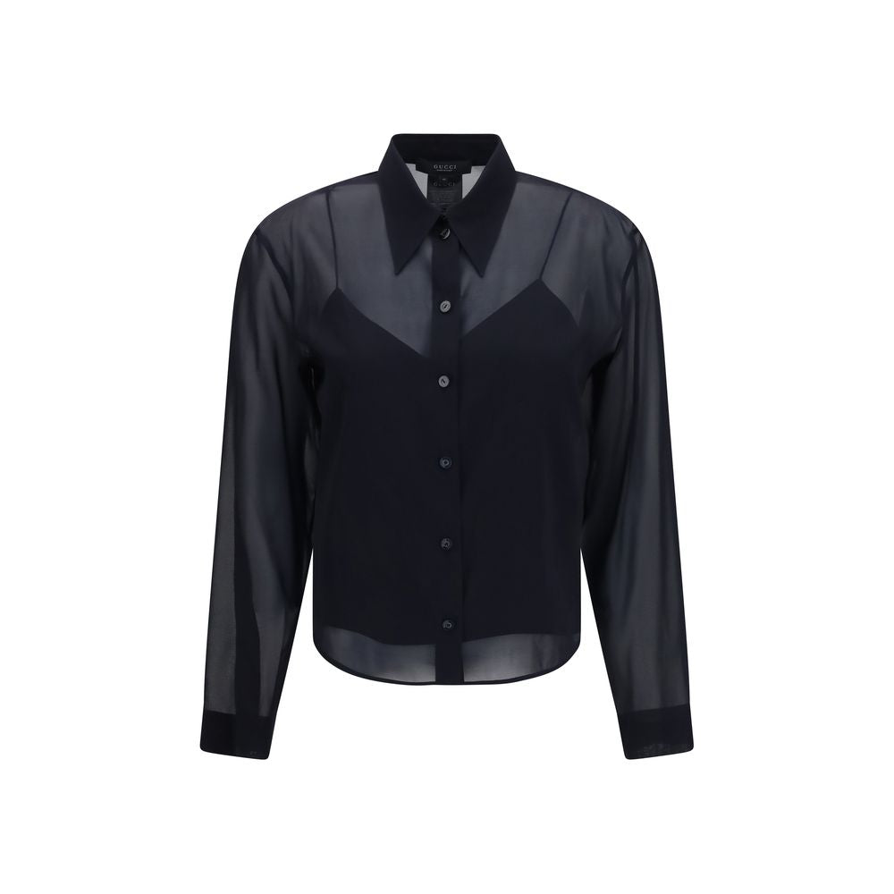 Gucci Black Stretch Silk Chiffon Dress Shirt